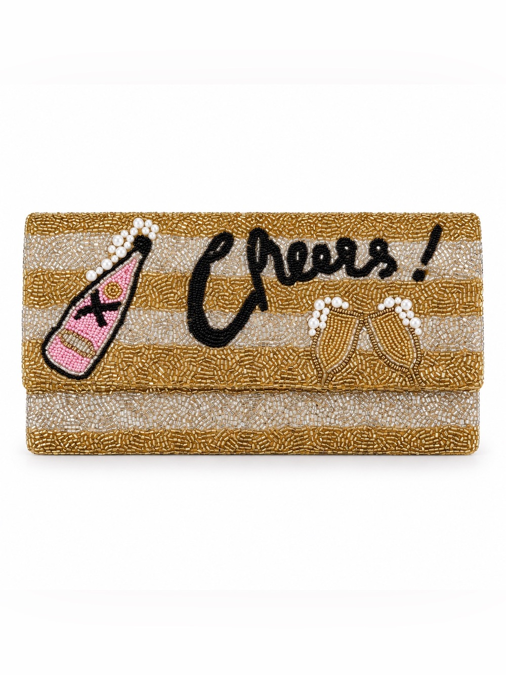 New Viola Gold Silver Cheers Champagne Pearl Fizz Bead Sequin Envelope Clutch